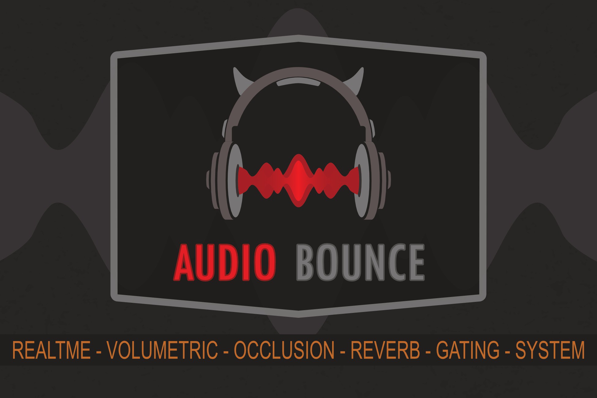 AudioBounce cover art: headphones with a red sound wave, tagline: real-time volumetric occlusion, reverb and gating system